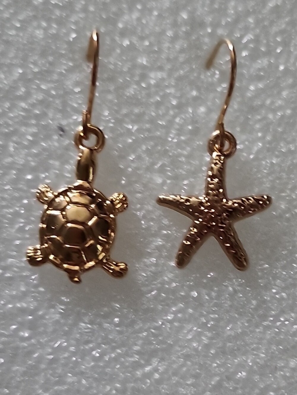 Hand Crafted Gold Turtle and Starfish Drop Earrings